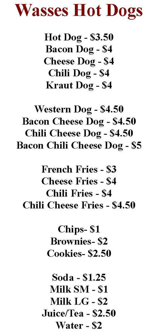 Wasses Hot Dogs menu page 1