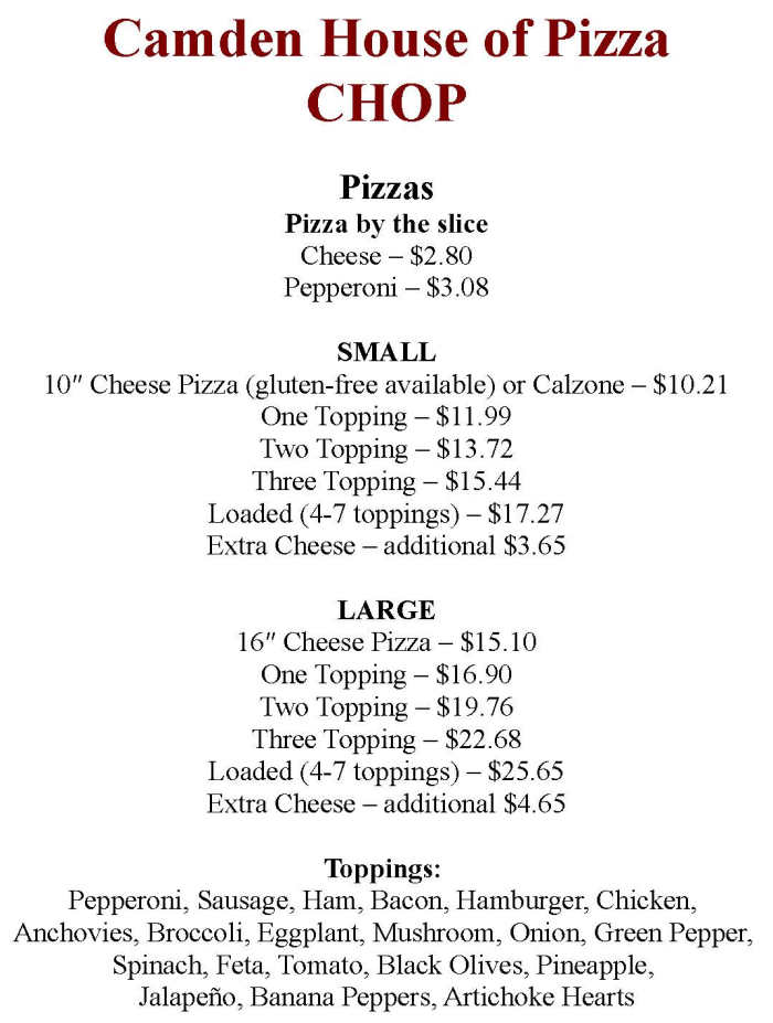 Camden House of Pizza menu page 1
