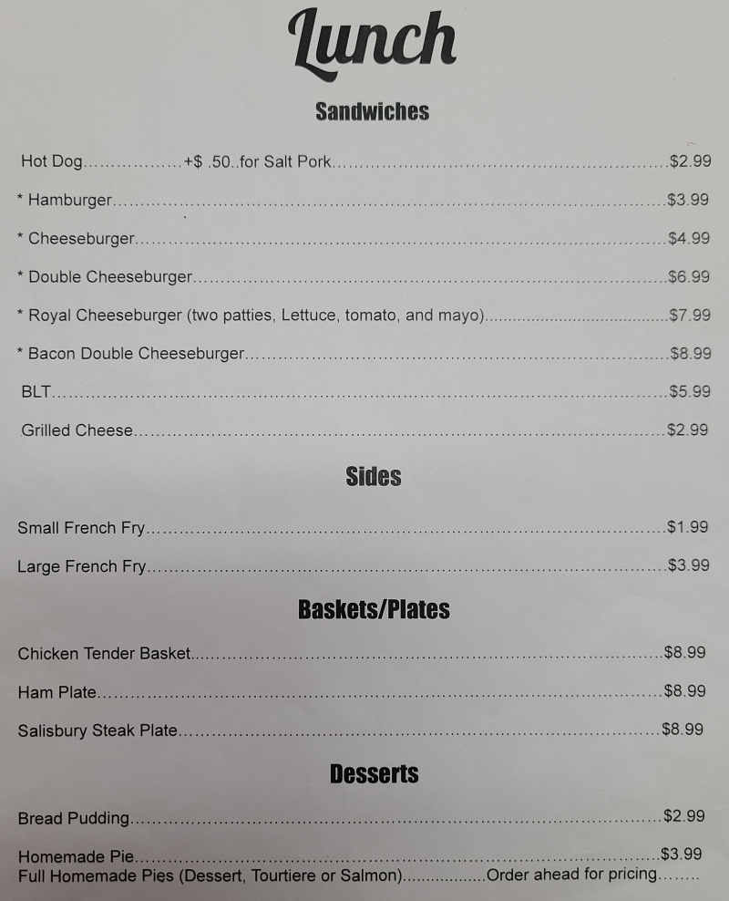 Bee's Snack Bar menu page 1