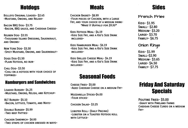Bolley's Famous Franks menu page 1