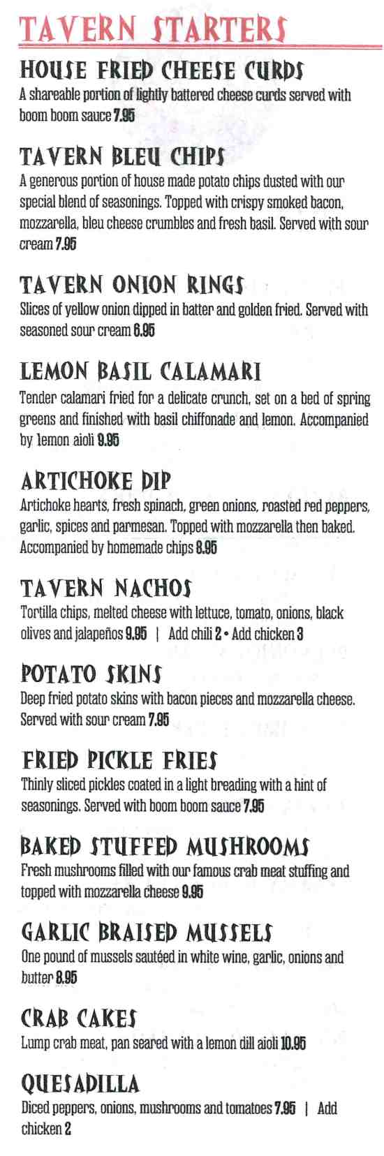 Lion's Den Tavern menu page 1