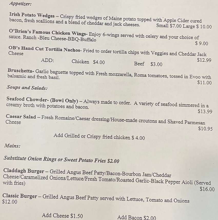 O'Brien's Irish Pub menu page 1