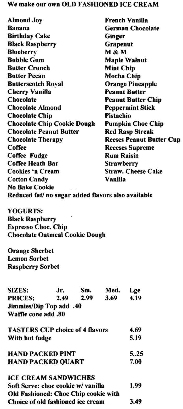 North Street Dairy Cone menu page 1