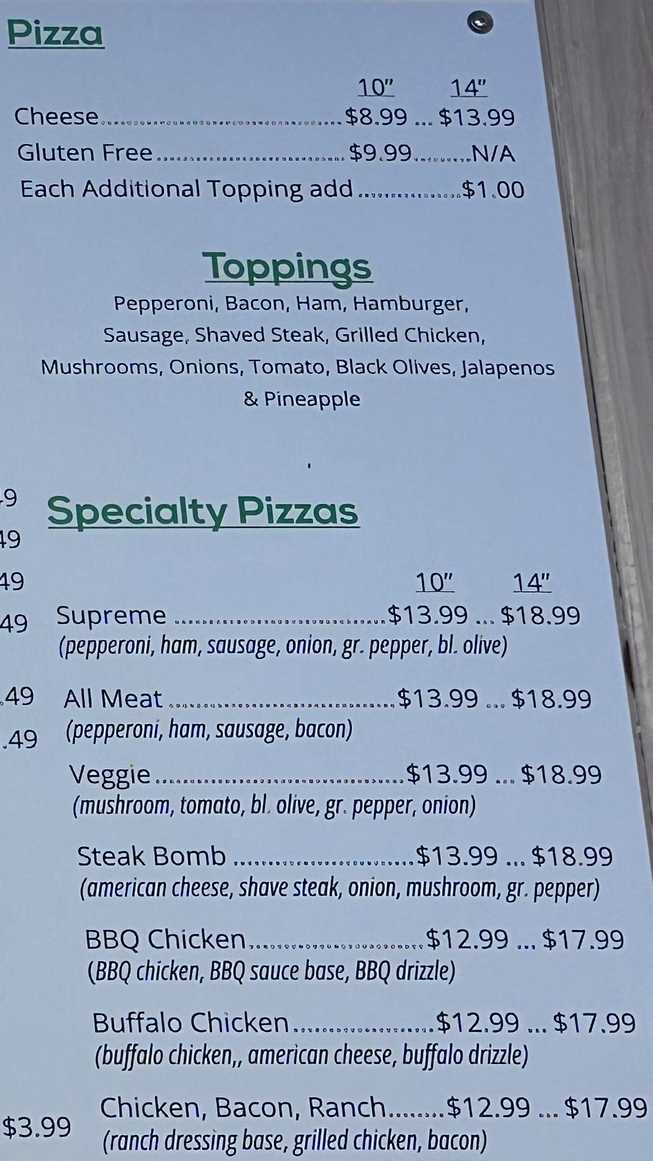 Cheryl's Pizza menu page 1