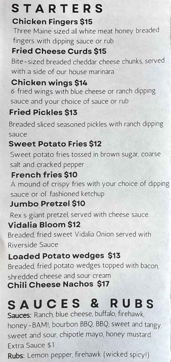 Rex's Riverside Grill menu page 1
