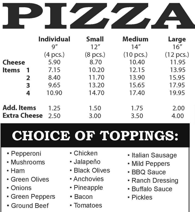 Main Street Pizza menu page 1