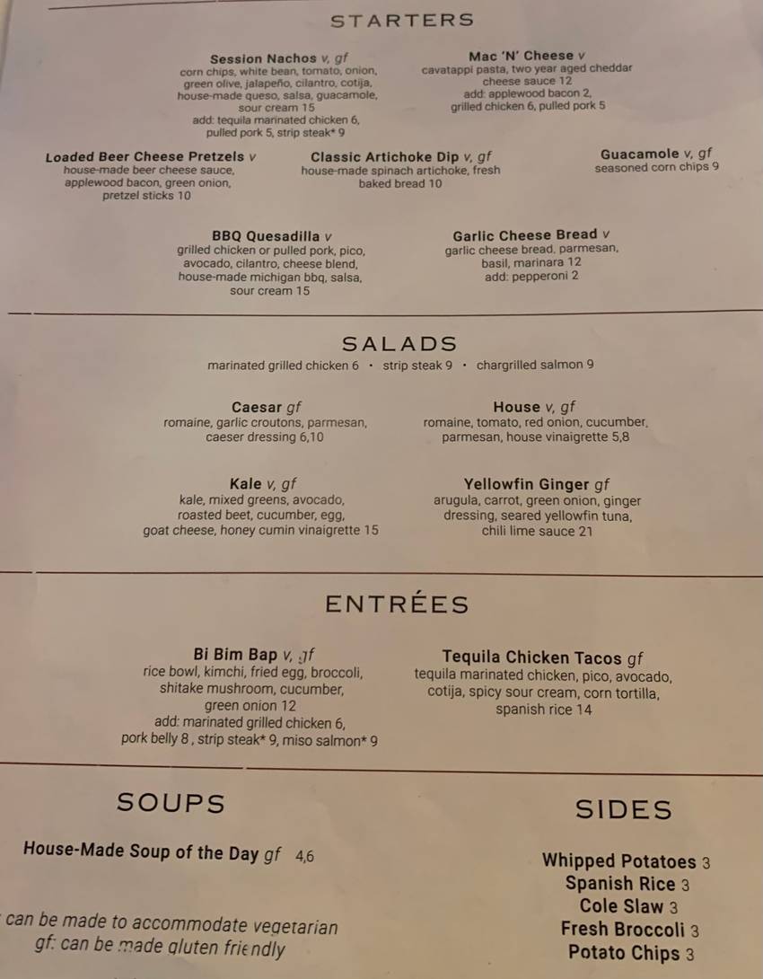 The Session Room menu page 1