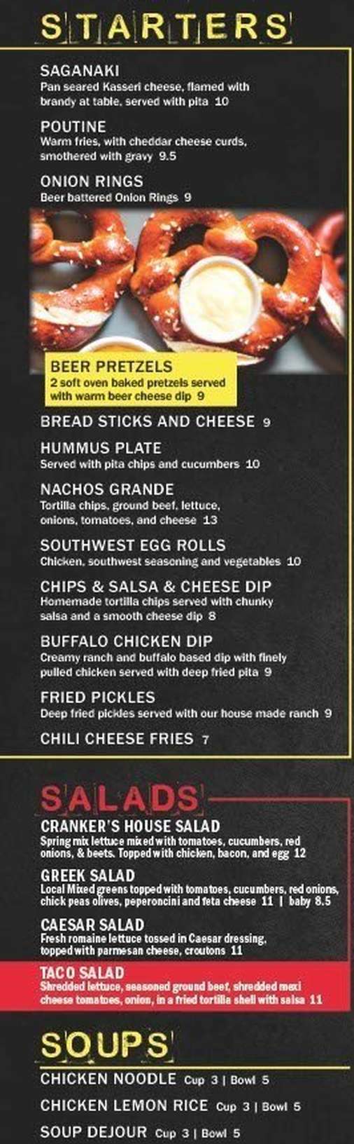 Cranker's Brewery menu page 1