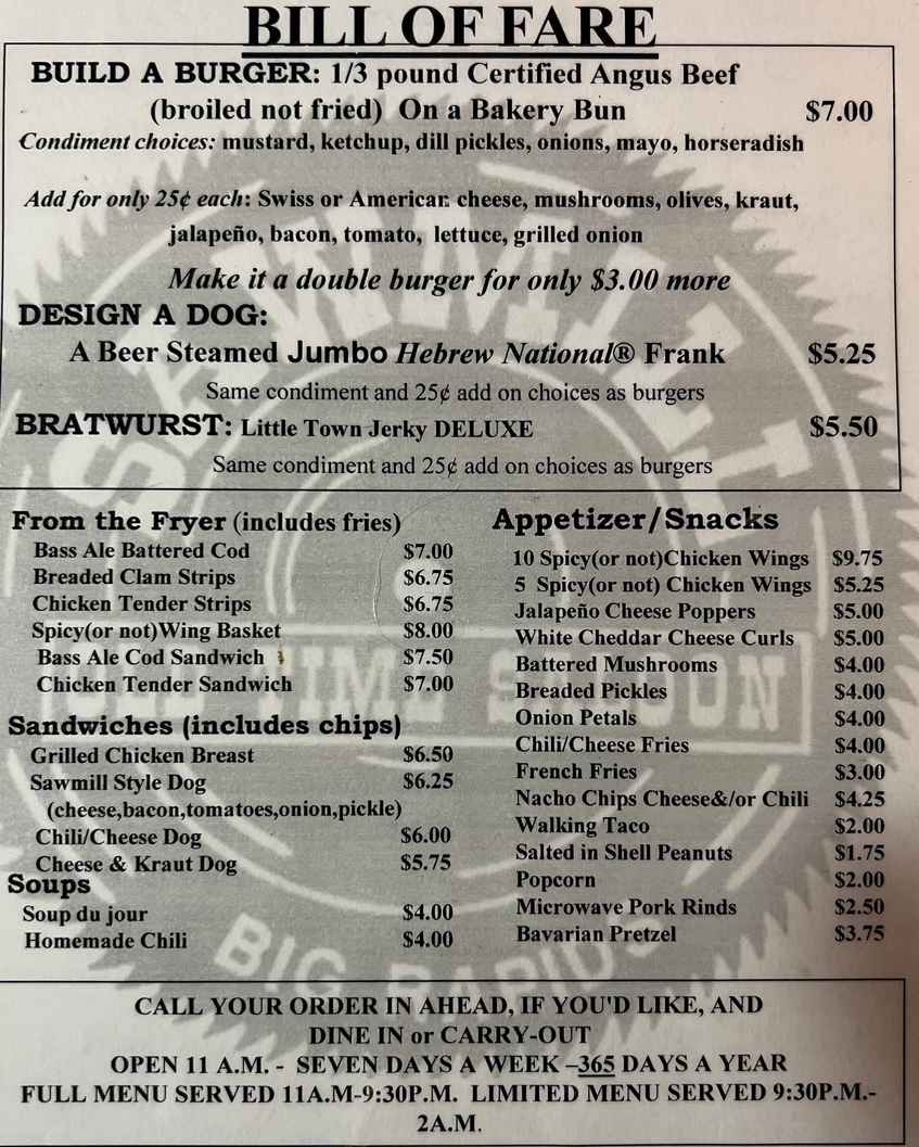 Sawmill Saloon menu page 1
