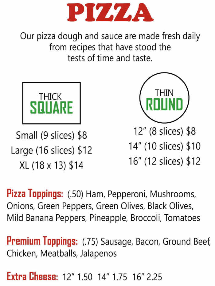 G & D Pizza menu page 1