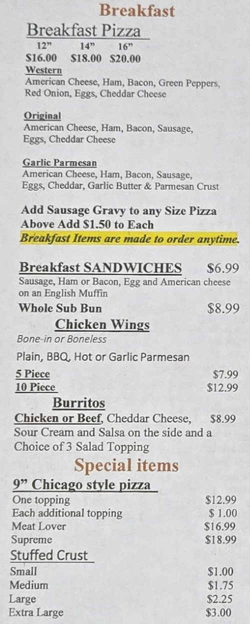 Dawn's Midtown menu page 1