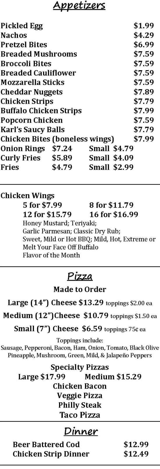 Miller's Recreation menu page 1