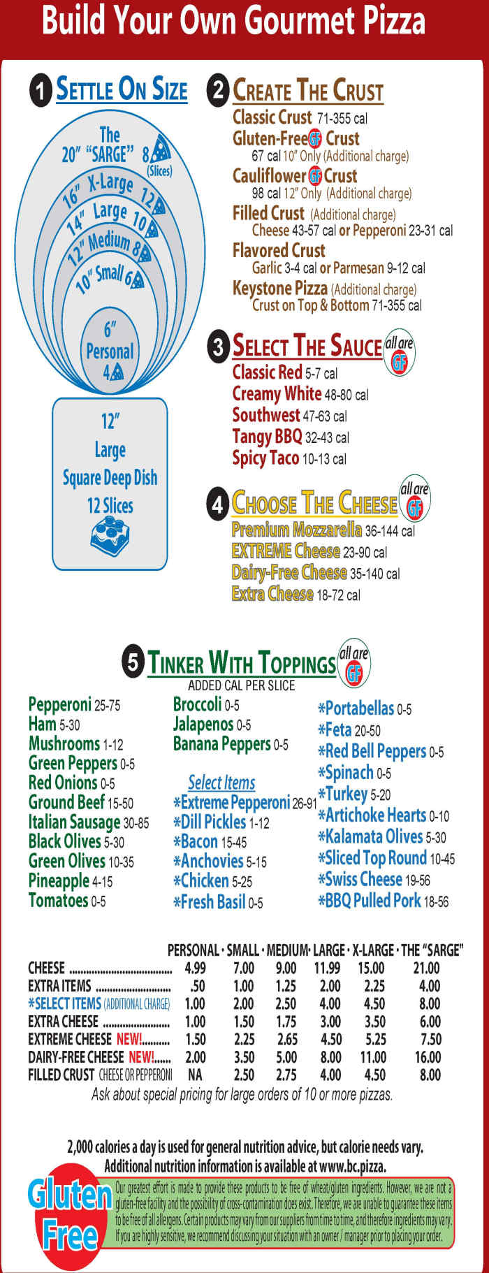 B C Pizza menu page 1