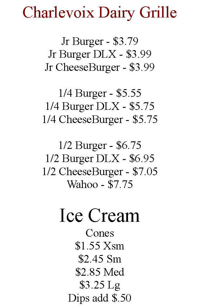 Charlevoix Dairy Grille menu page 1