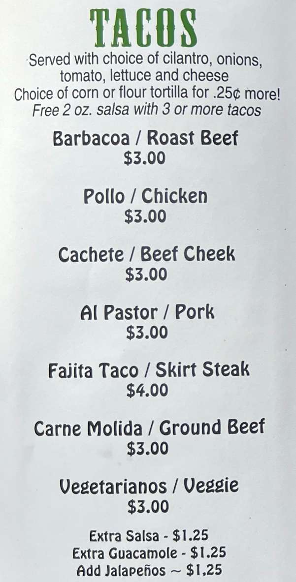 Lynda's Tacos menu page 1