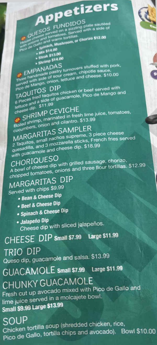 Margaritas Mexican menu page 1