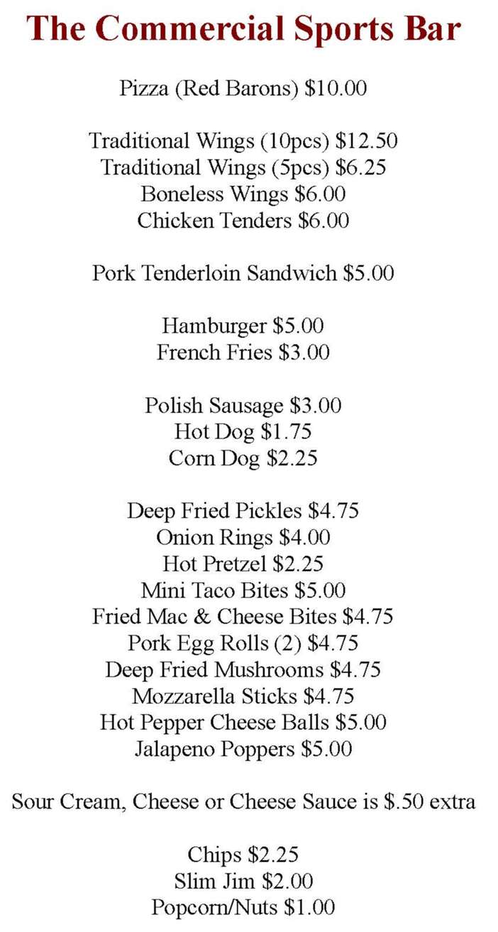 Commercial Sports Bar menu page 1
