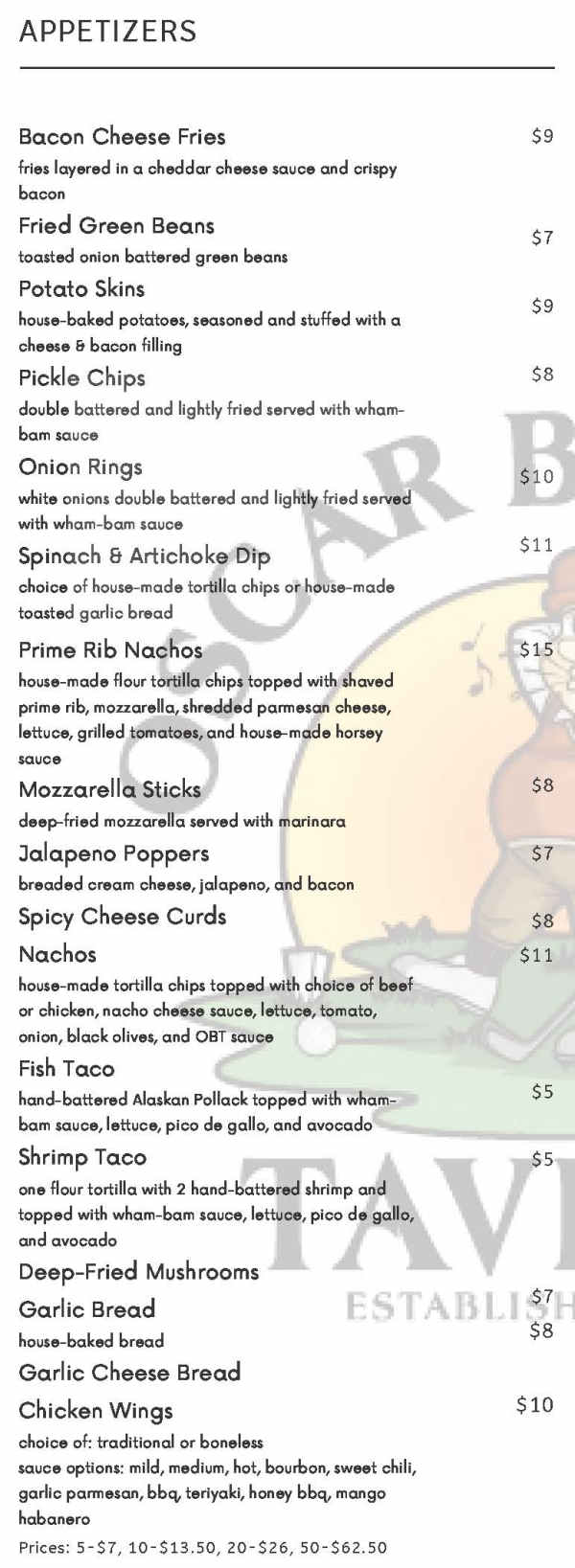 Oscar Brown's Tavern menu page 1