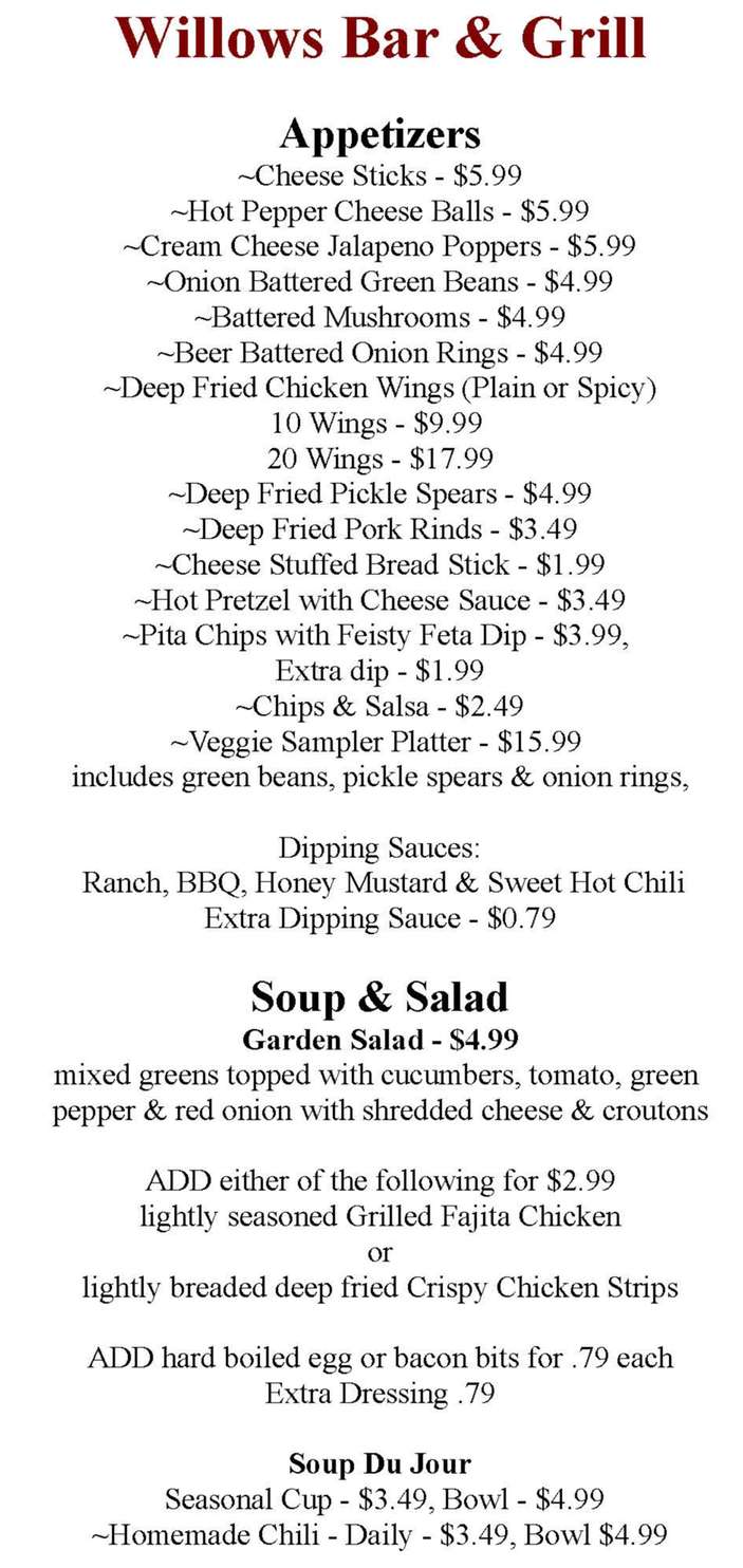 Willows Bar menu page 1