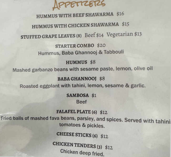 Cedar Grill menu page 1