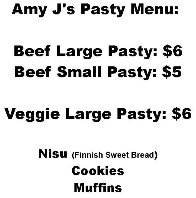 Amy J's Pasty menu page 1