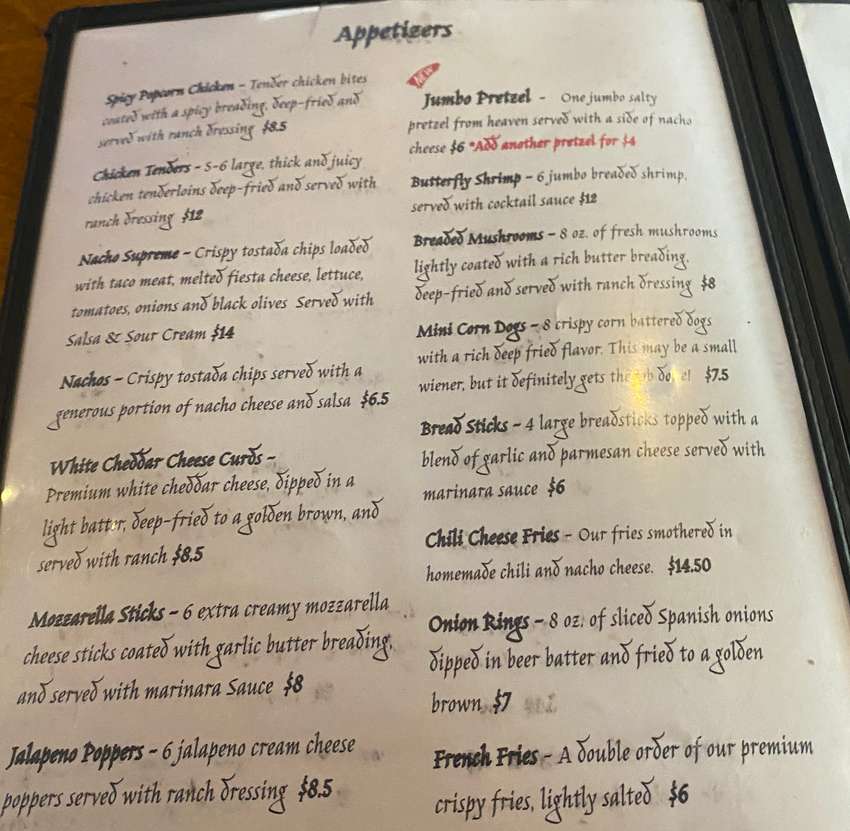 Downtowner Lounge menu page 1