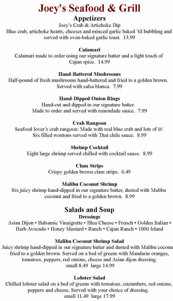 Joey's Seafood & Grill menu page 1
