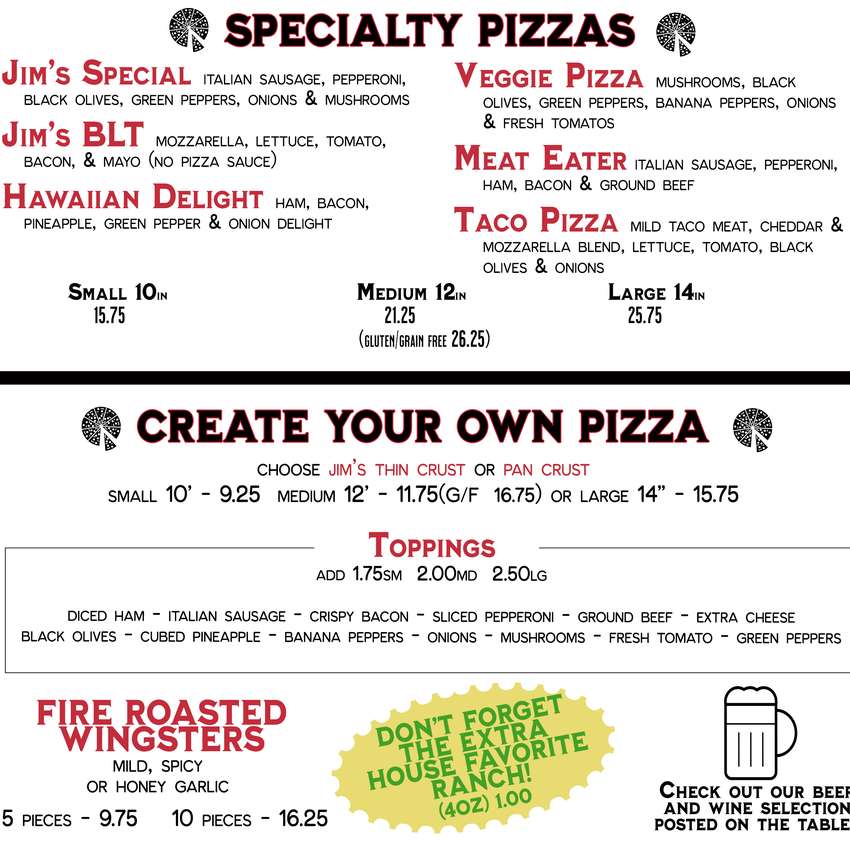 Jim's Pizza Calumet menu page 1