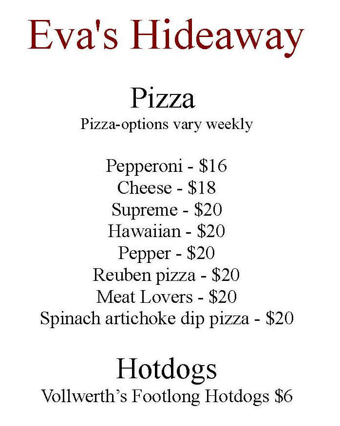 Eva’s Hideaway menu page 1