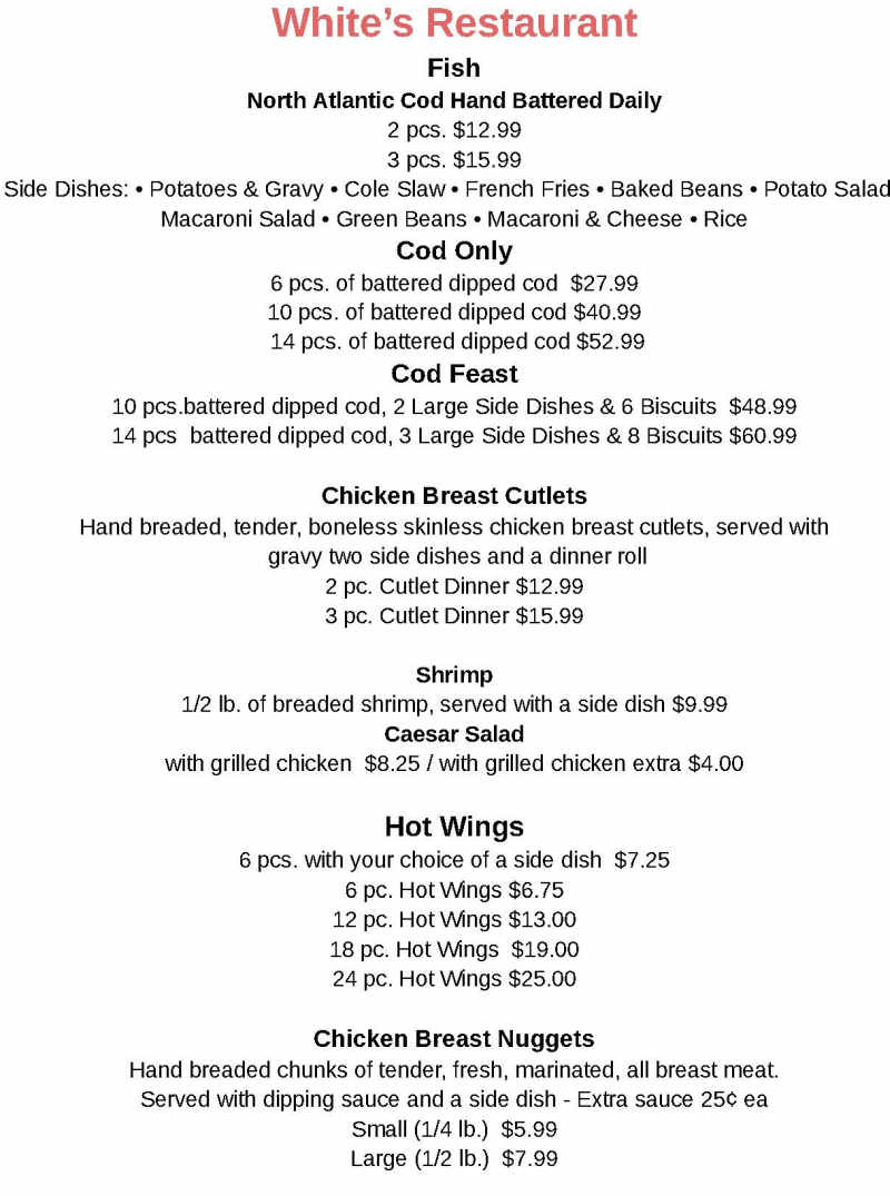 White's Restaurant menu page 1