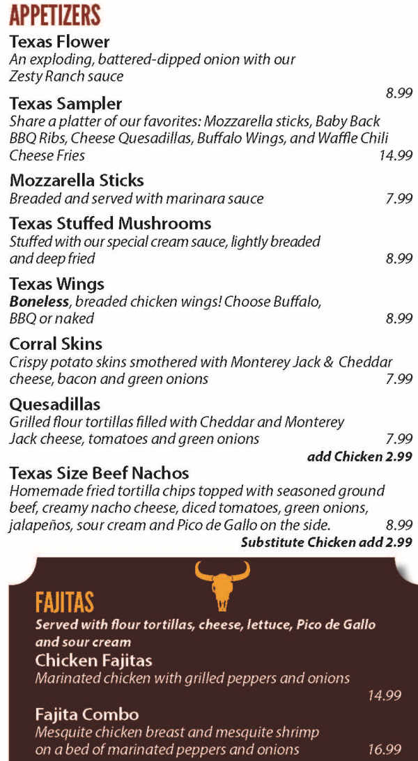 Texas Corral menu page 1