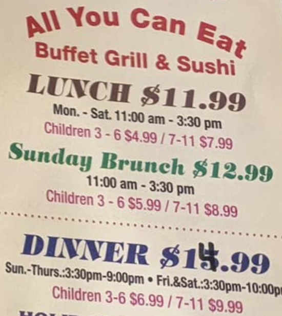 Ten Ten Buffet menu page 1