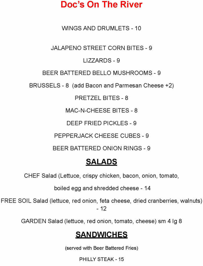 Doc's on The River menu page 1
