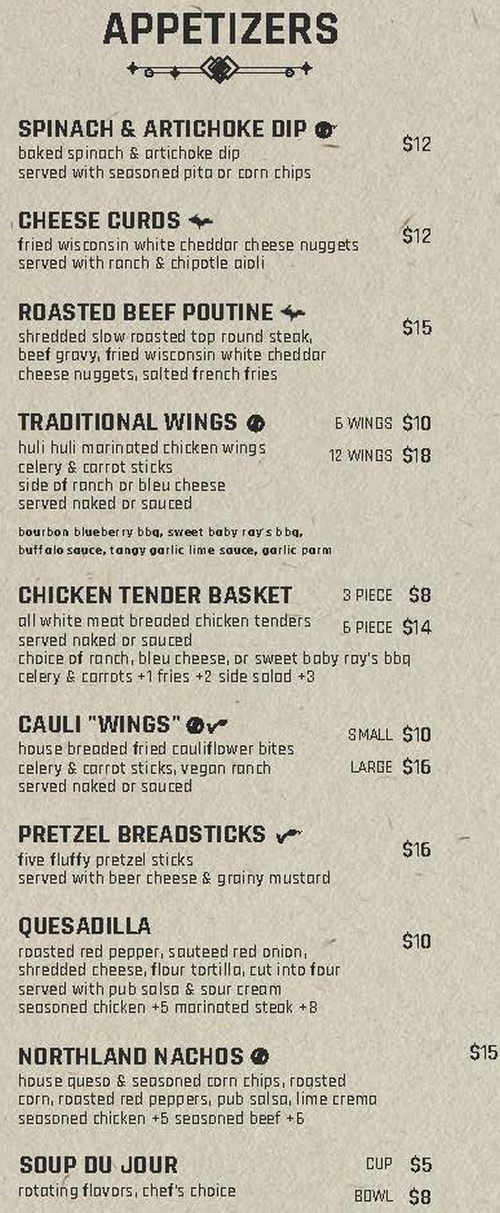 Northland Pub menu page 1