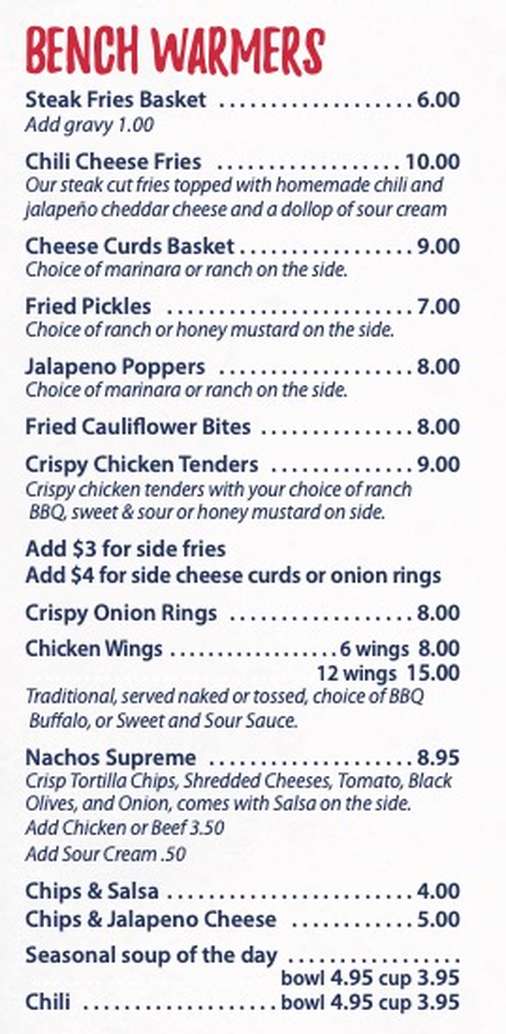 Rose's Dugout menu page 1