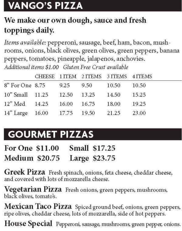Vango's Pizza menu page 1