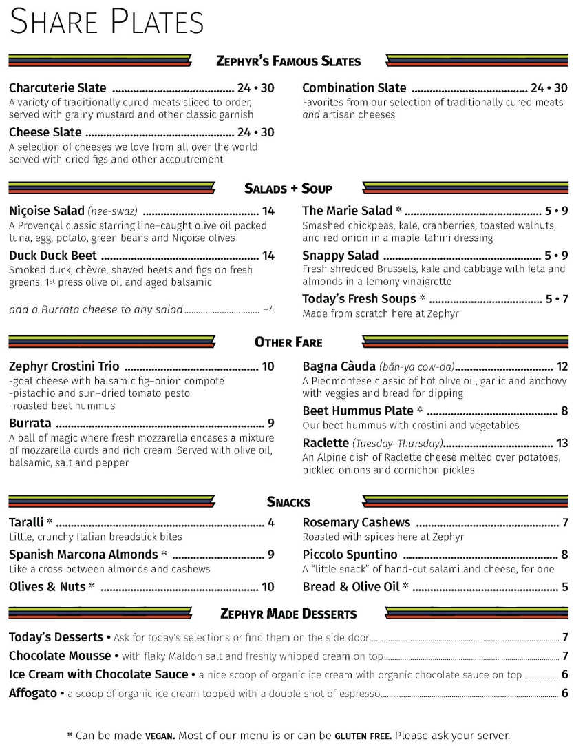 Zephyr Winebar Cafe menu page 1