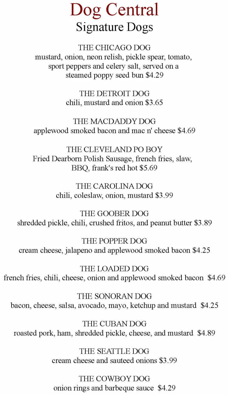 Dog Central menu page 1