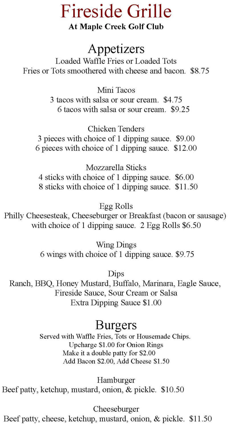 Fireside Grille menu page 1