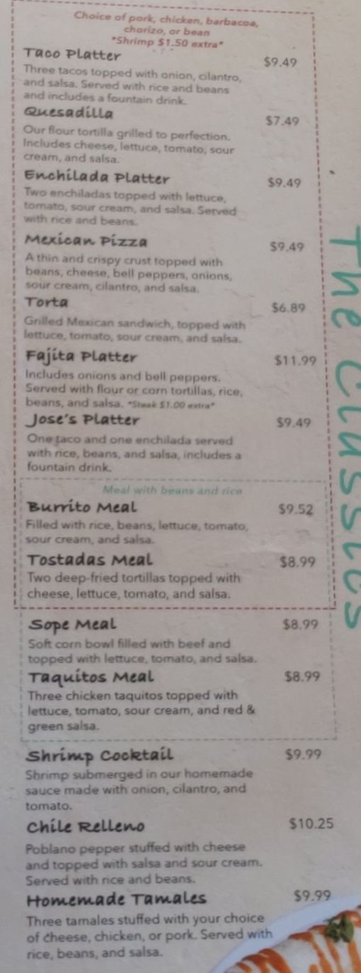 Jose's Authentic Mexican menu page 1