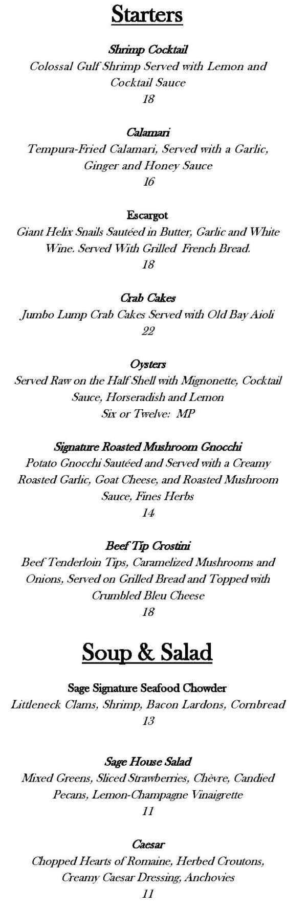 Sage Chophouse menu page 1