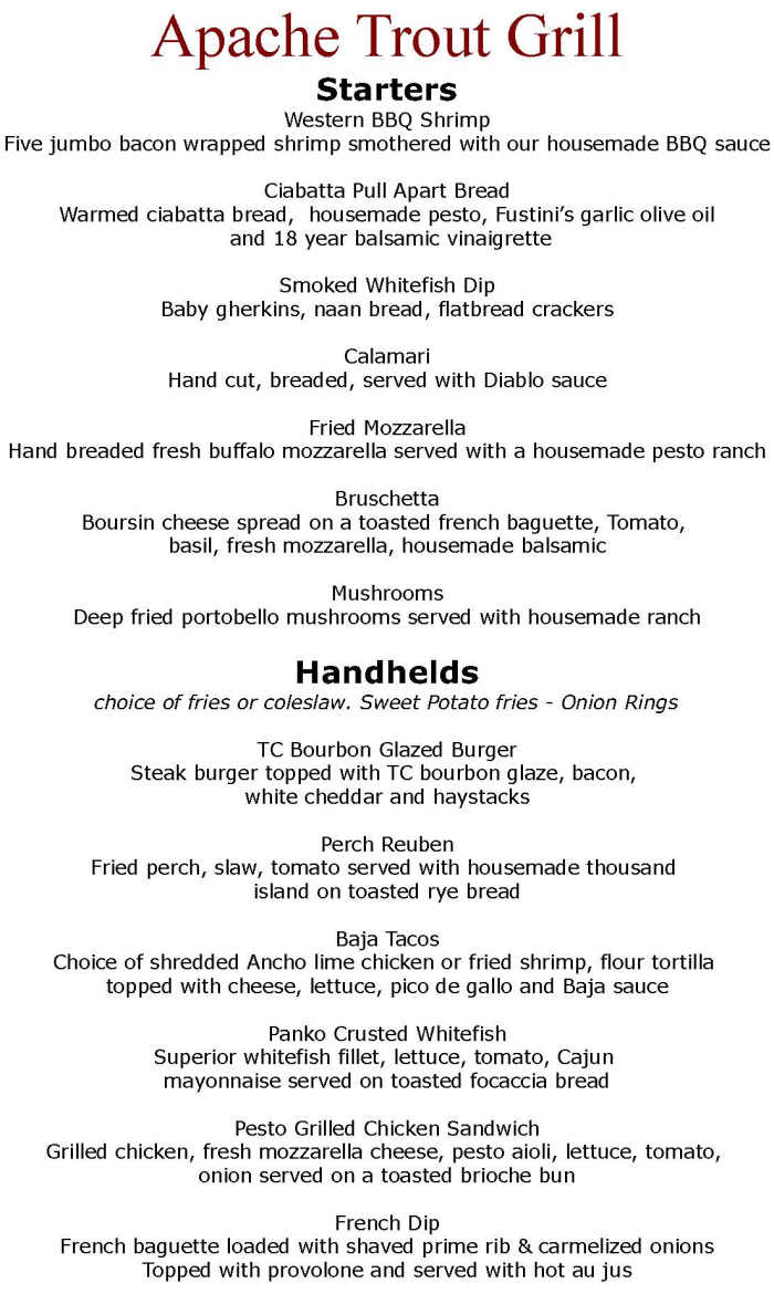 Apache Trout Grill menu page 1