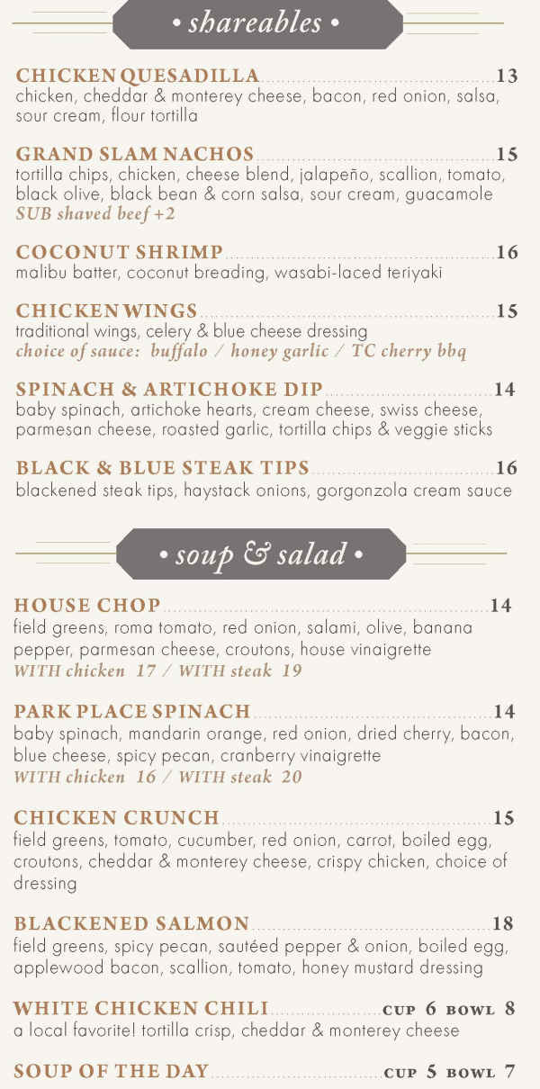 Minervas Restaurant menu page 1