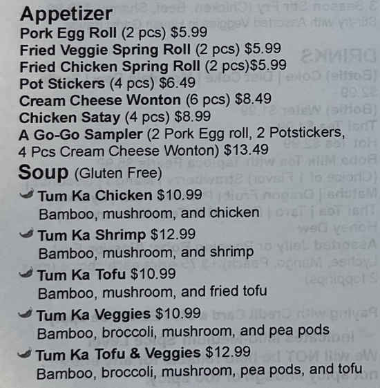 Thai A Gogo menu page 1