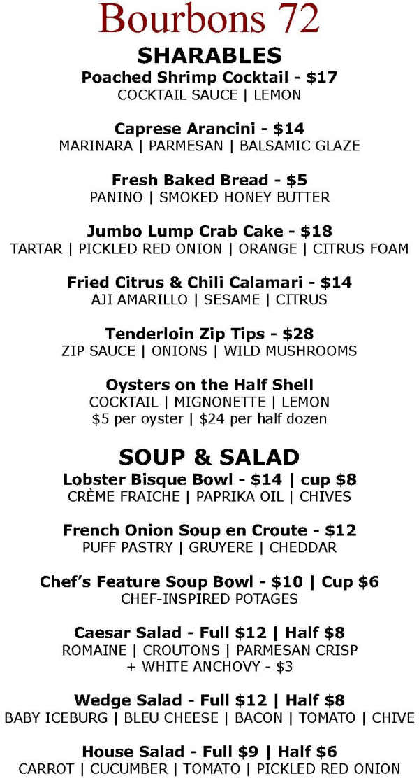 Bourbons 72 menu page 1