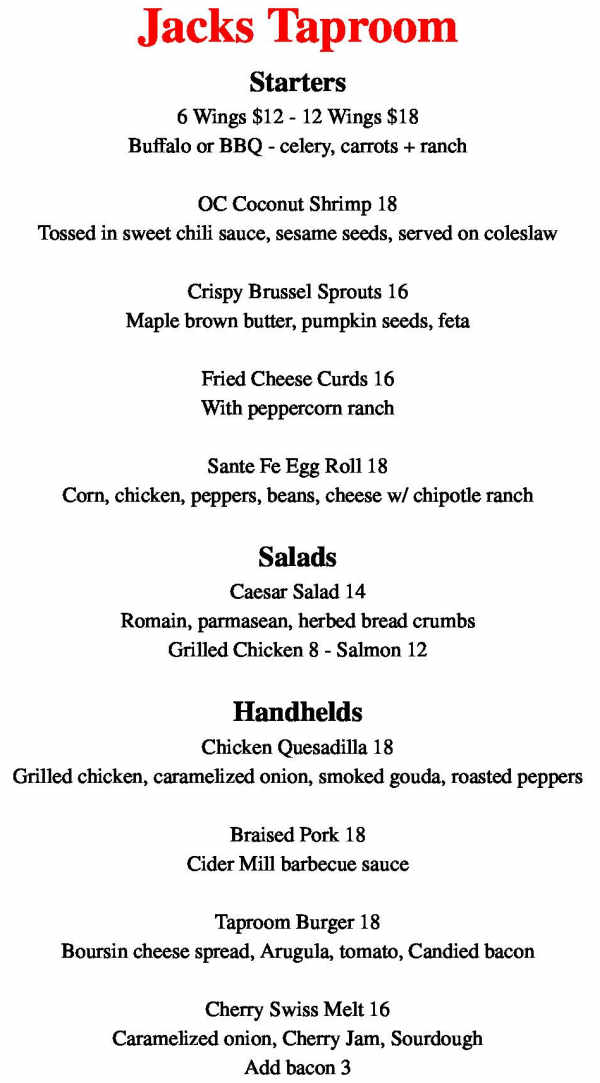 Jack's Taproom menu page 1