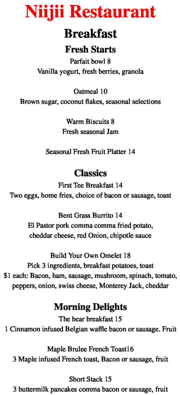 Niijii Restaurant menu page 1