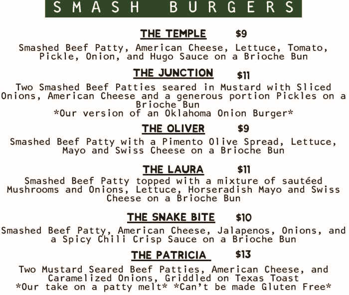 Glendale Burger Shop menu page 1
