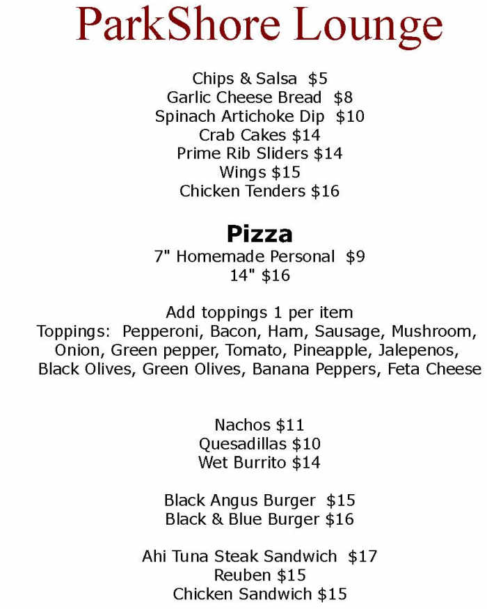 ParkShore Lounge menu page 1