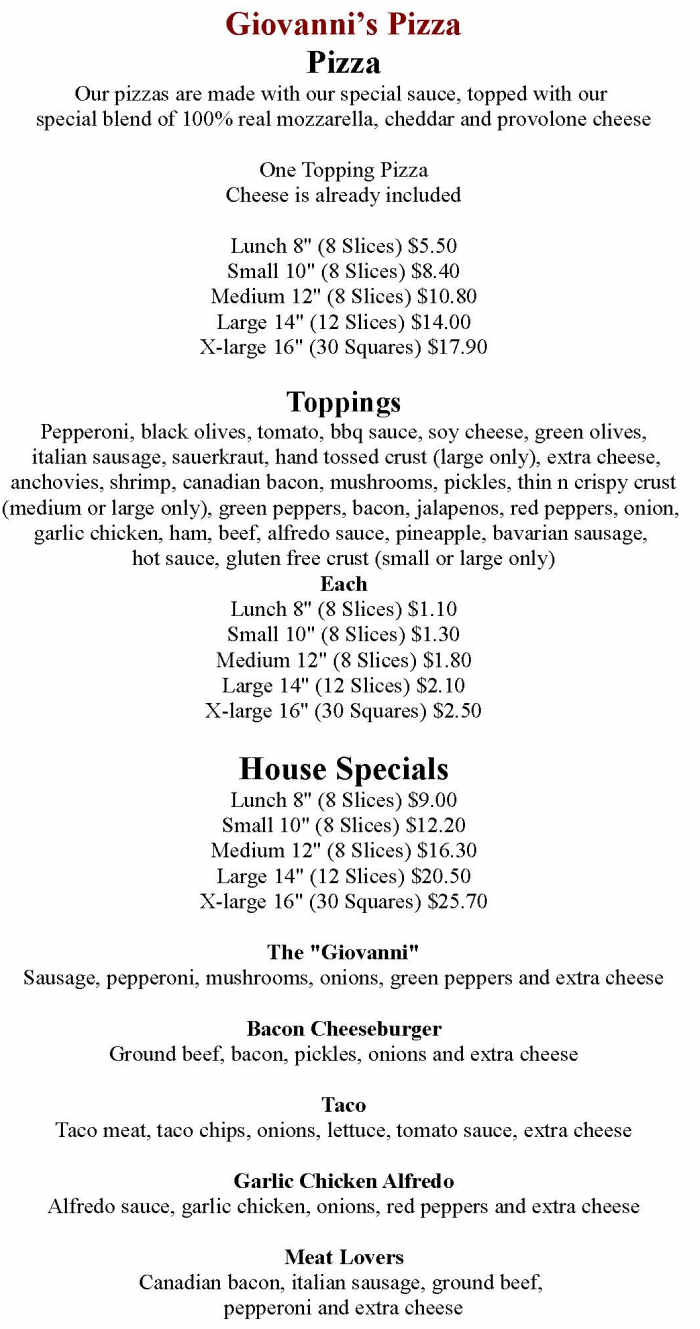 Giovanni's Pizza menu page 1